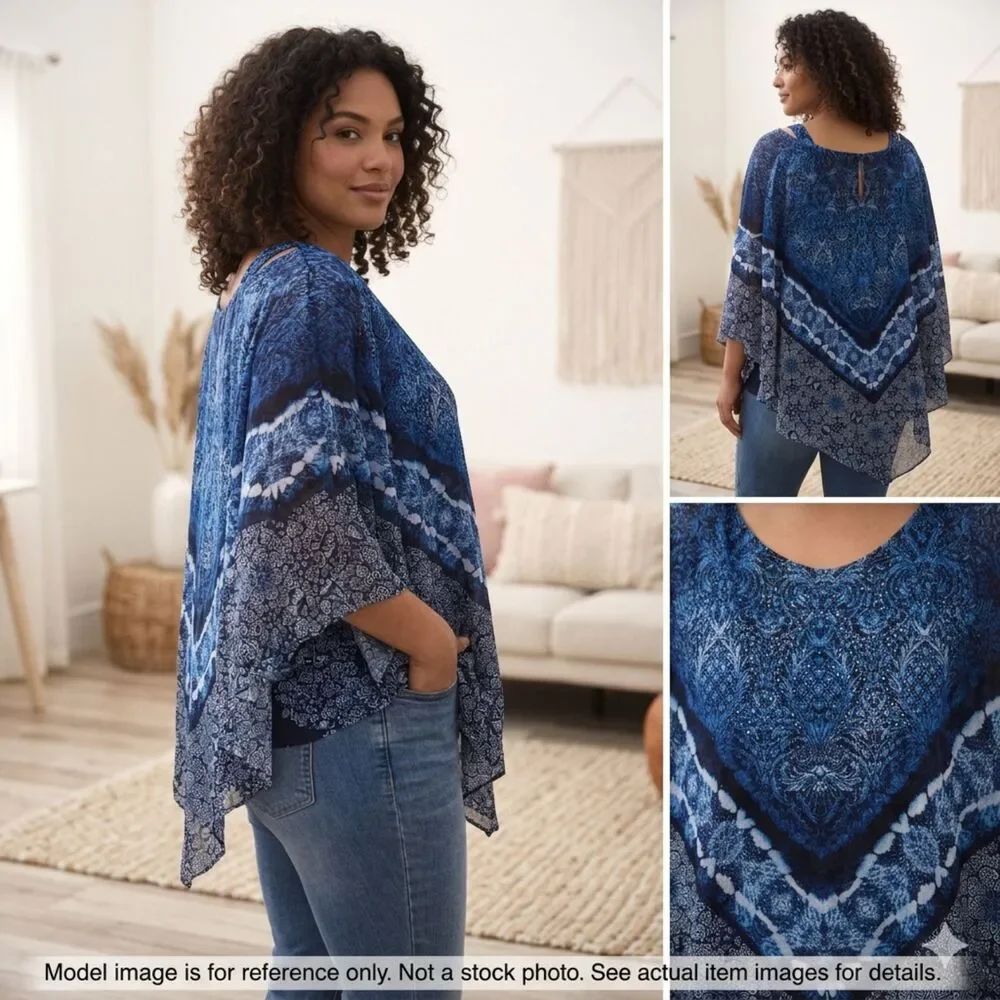 Oneworld Blue Paisley Layered‎ Tank Top Poncho Set L
